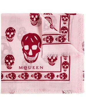 McQueen Skull-Print Fringed Scarf - Pink
