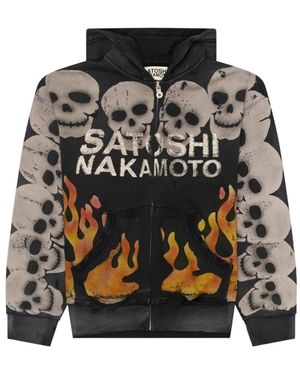 Satoshi Nakamoto Skull-Print Flame-Print Hoodie - Black