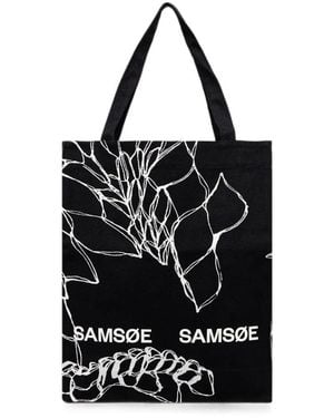 Samsøe & Samsøe Saprint Logo-Print Floral-Print Tote Bag - Black
