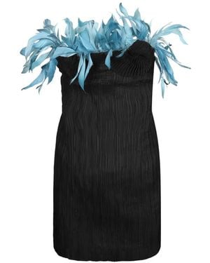 Amen Feather-Trim Plissé-Effect Mini Dress - Blue