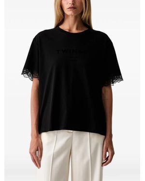 Twinset Lace-Trim Logo-Print T-Shirt - Black