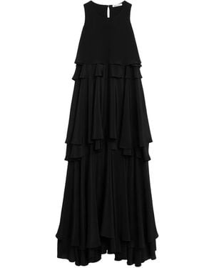 Ami Paris Blended Silk Long Dress With Ruffles - Black