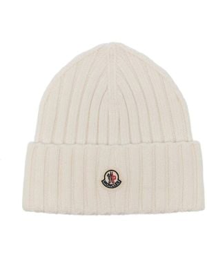 Moncler Logo-Patch Ribbed-Knit Beanie Hat - Natural