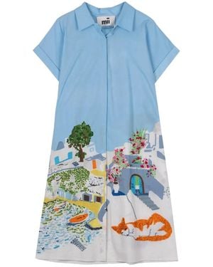 Mii Elios Embroidered Graphic-Print Shirt Mini Dress - Blue