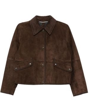 The Jackie Leathers Corduroy-Collar Leather Jacket - Brown
