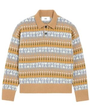 Ami Paris Jacquard-Knit Polo Sweater - Natural