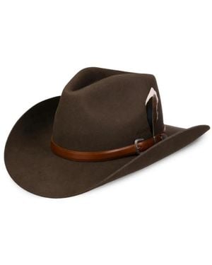 Stetson Buckle-Detail Feather-Trim Hat - Brown