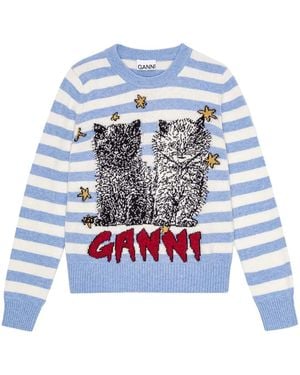 Ganni Striped Graphic Cat Jumper - Blue