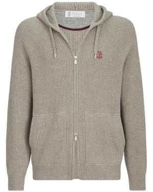Brunello Cucinelli Sudadera De Cachemira Con Capucha, Logo Y Cremallera - Gris