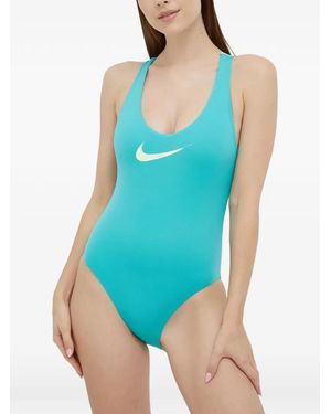 Nike Logo-Print Crossover Swimsuit - Blue