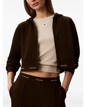 Calvin Klein Logo-Tape Cropped Zip-Up Hoodie - Black