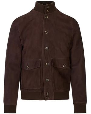 Stewart Button-Up Suede Bomber Jacket - Brown