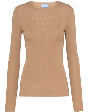 Prada Logo Superfine Wool-blend Knit Top - Natural