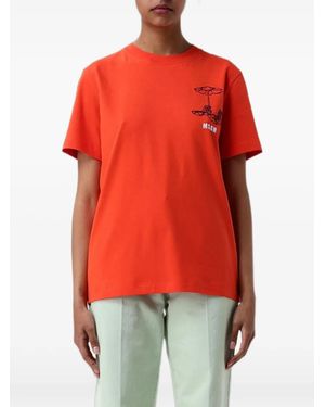 MSGM Camiseta De Algodón Con Logo Estampado - Rojo