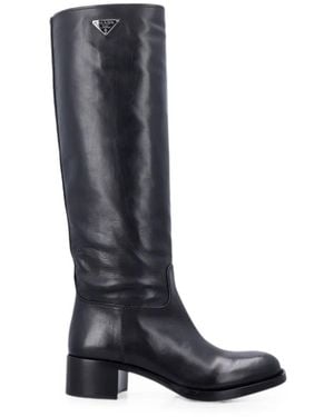 Prada Logo-Plaque Leather Boots - Blue