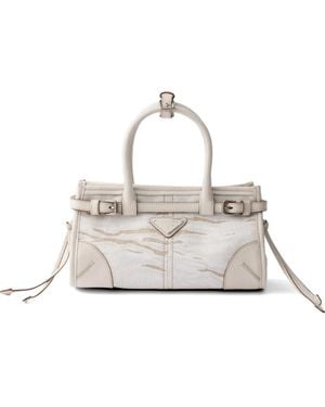 Prada Bonnie Small Printed Linen And Leather Handbag - Natural