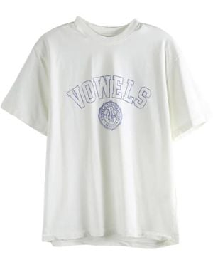 vowels Collegiate Logo-Print Distressed T-Shirt - White