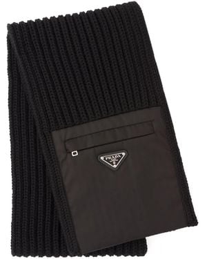 Prada Wool Scarf With Re-Nylon Gabardine Pocket - Black