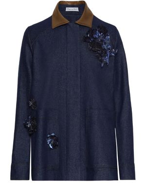 Oscar de la Renta Sequin-Embellished Leather-Collar Denim Jacket - Blue