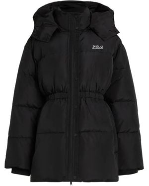 KARL LAGERFELD Cinched Midi Puffer Jacket - Black