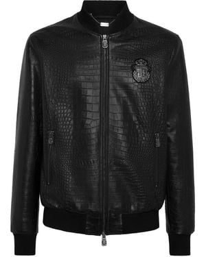 Billionaire Crocodile-Effect Zip-Up Bomber Jacket - Black