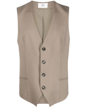 Ami Paris V-Neck Virgin Wool Waistcoat - Natural