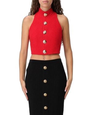 Balmain High-Neck Button-Detail Top - Red