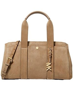 Michael Kors Romee Small Suede Satchel With Glossy Mk Logo - Natural