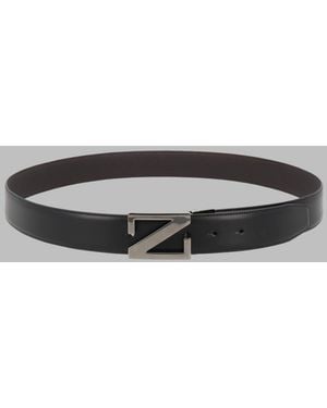ZEGNA Leather Belt With Logo Buckle - Metallic