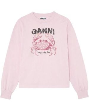 Ganni Crab-Print Long-Sleeve T-Shirt - Pink