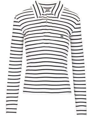 Celine Striped Long-Sleeve Open Shirt-Collar Jumper - White