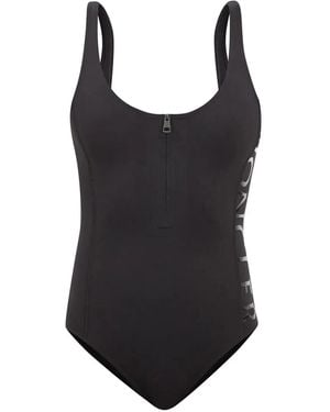 Moncler Zip-Neck Logo Print One Piece Swimsuit - Black