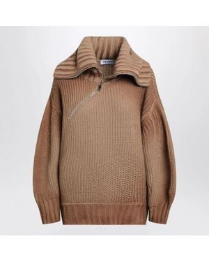 The Attico Camel Wool And Cashmere Jumper With Asymmetric Zip - Brown
