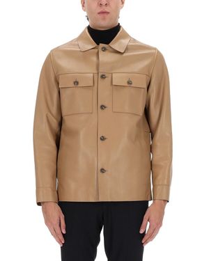 BOSS Leather Shirt Jacket With Flap Pockets - Natural