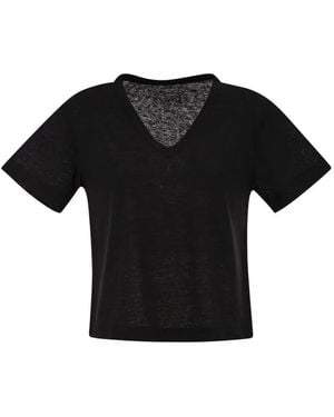 Majestic Stretch Linen T-Shirt With V-Neck - Black