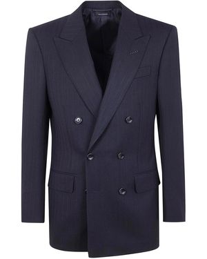 Tom Ford Solid Satin Stripe Double Breasted Jacket - Blue
