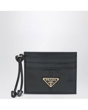 Prada Leather Card Holder With Triangle Logo - Black