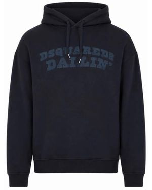 DSquared² Cotton Hooded Graphic Print Sweater - Blue