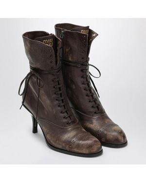 Miu Miu Cocoa-Coloured Lace-Up Boot With Heel - Black