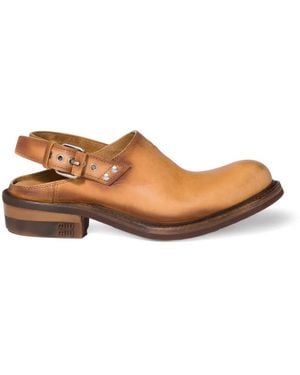 Miu Miu Light Foule Leather Workwear-Inspired Mules Featuring A Bold Metallic Strap Buckle - Brown