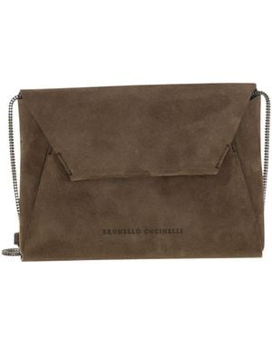Brunello Cucinelli Bc Duo Suede Clutch Bag With Precious Chain - Brown