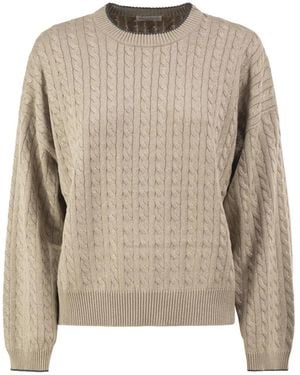 Brunello Cucinelli Cable-Knit Crew Neck Sweater With Shimmering Yarn - Natural