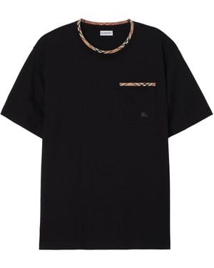 Burberry Cotton T-Shirt With Check Trims - Black