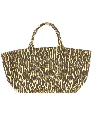 Ganni Leopard Canvas Xxl Tote Bag - Metallic