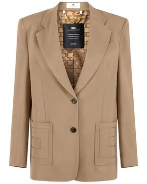 Elisabetta Franchi Single-Breasted Gabardine Blazer With Embroidered Pockets - Natural