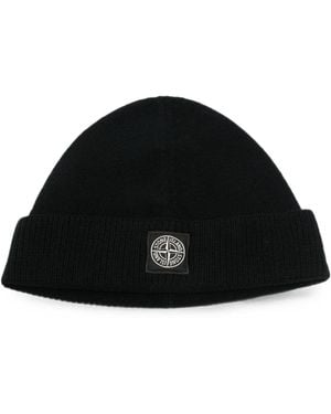 Stone Island Logo-Patch Ribbed-Trim Beanie Hat - Black