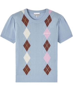 Ganni Cotton Argyle T-Shirt - Blue