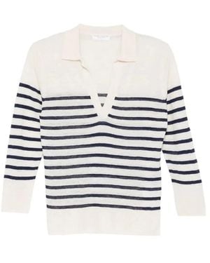 Majestic Oversized Linen 100 Stripes Polo Shirt - White