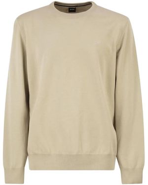 BOSS Cotton Crew Neck Sweater With Embroidered Logo - Natural