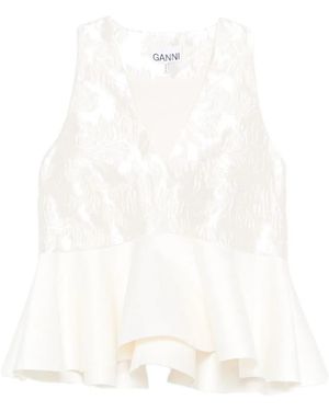 Ganni Satin Cloque Sleeveless Peplum Blouse - White
